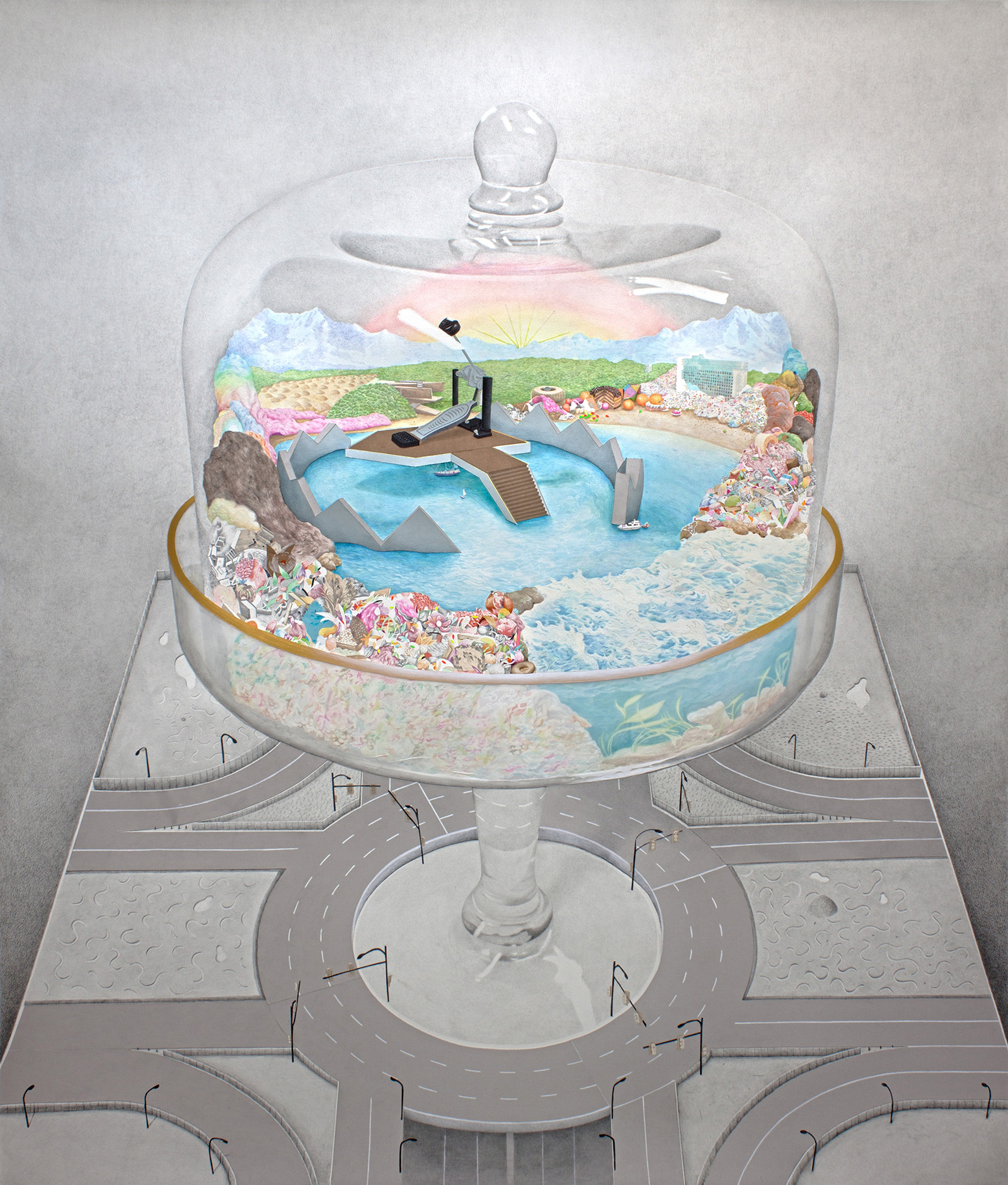 Turismo de interior. 2013. Acuarela, tinta, lápiz de color y collage sobre papel. 180 x 152 cm